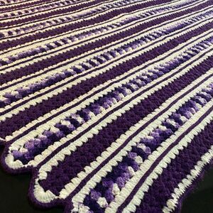 Handmade Purple White Striped Crochet Blanket Throw 52x56 Boho Cottage Fairy